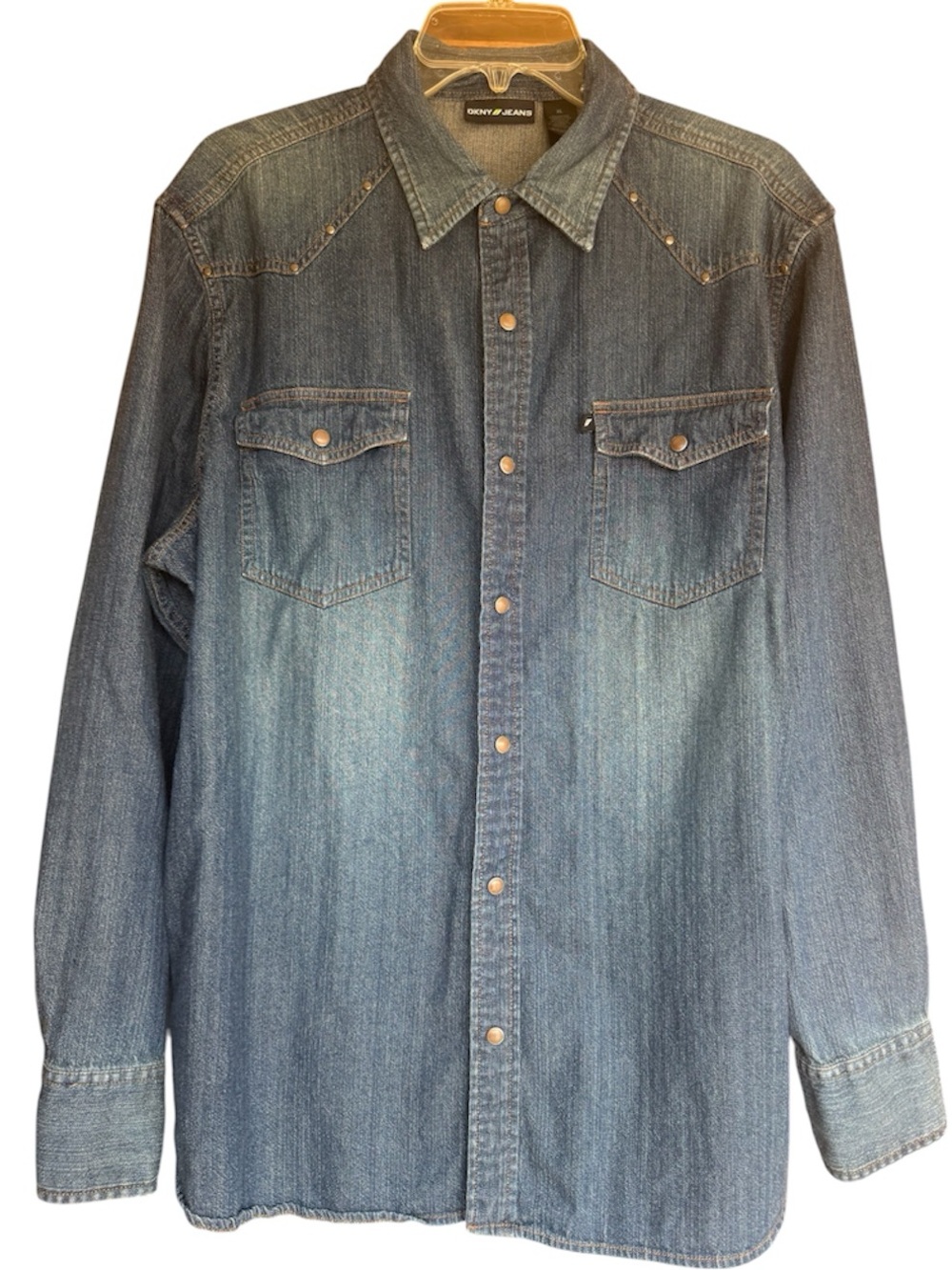 DKNY Jeans Western Denim Shirt XL Pearl Snap Long Sleeve Medium Wash Cotton